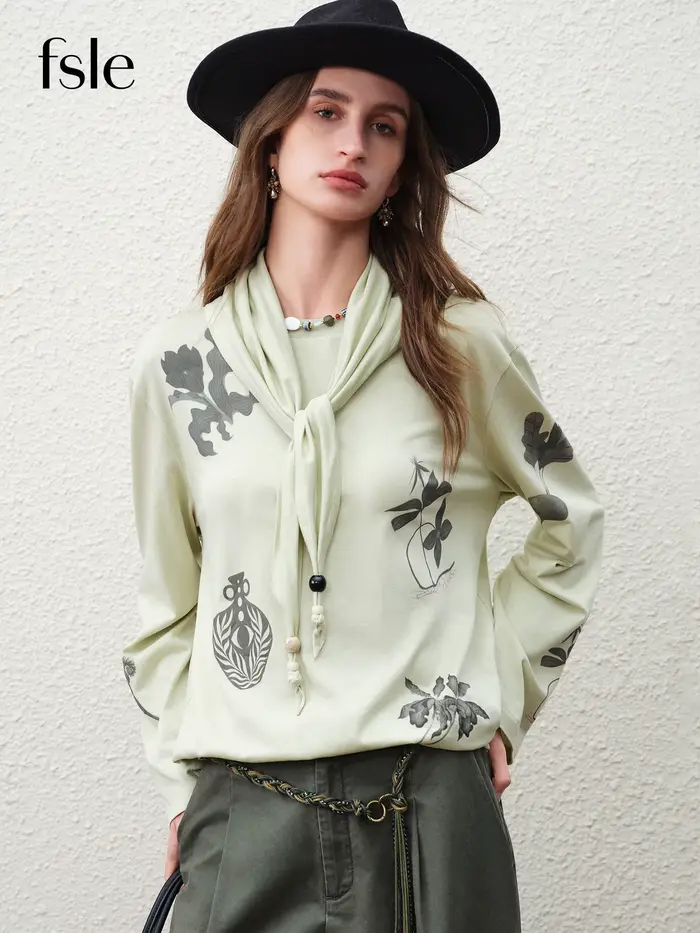 FSLE 【Série Premium】 T-shirt à manches longues pour femme en mélange de lin à imprimé botanique, nou