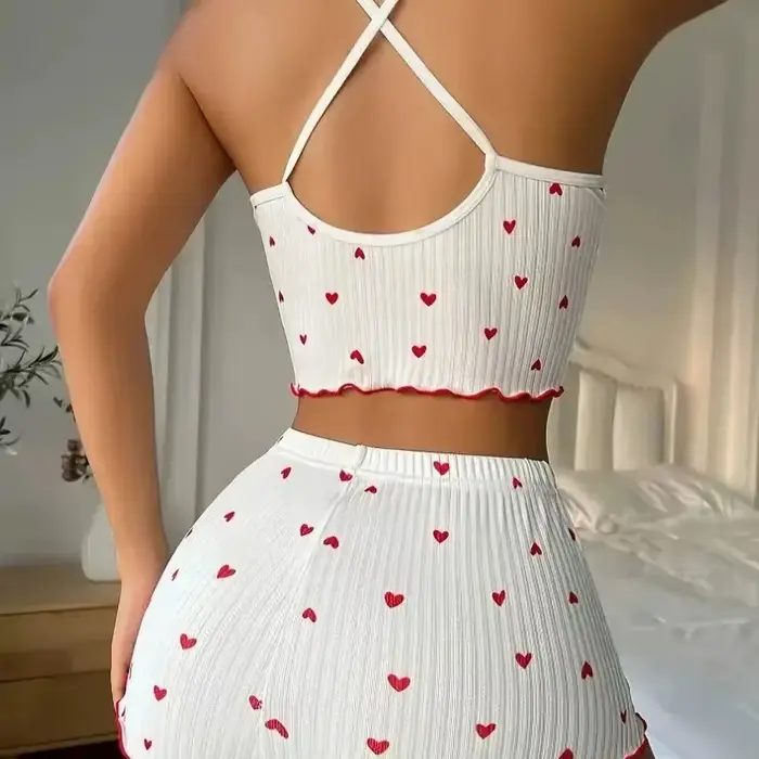Ensemble pyjama imprimé cœur pour femme, tissu côtelé doux avec bordure à volants, haut décontracté et short, vêtements de nuit et de détente