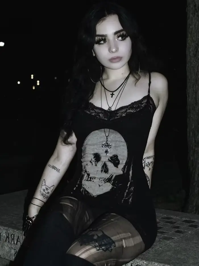 AltGoth Cyber Punk robe gothique femmes Streetwear Harajuku crâne imprimé sans manches taille haute 