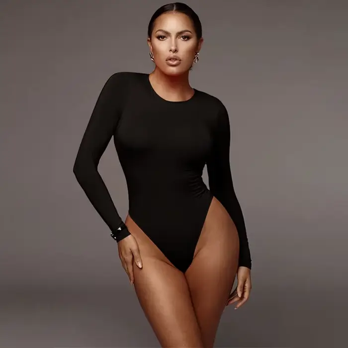Body Top s dlhými rukávmi a okrúhlym výstrihom pre ženy, sexy bubon kostým, ležérne streetwear, prostý biela, čierna, šedá, jeseň, zima