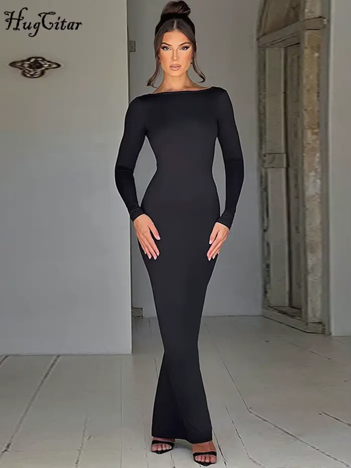 Hugcitar jarné elegantné dlhé rukávy odhalený chrbát pevný nariasený Sexy obtiahnutá Maxi plesová šaty pre ženy večerné oblečenie Festival Y2K