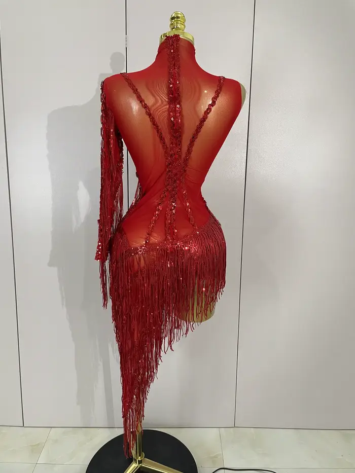 Costume de scène avec franges et strass scintillants pour femmes, robe transparente Sexy, asymétriqu
