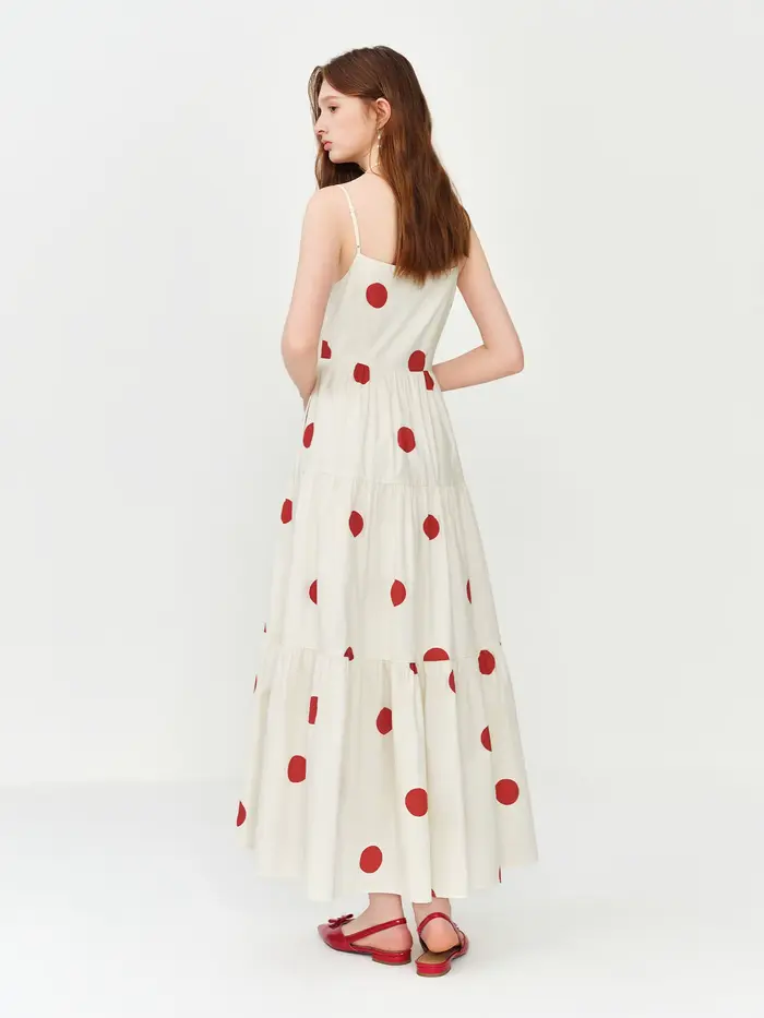 Robe longue FSLE style resort à pois rouges, col carré, bretelles ajustables, pour l'été 2026, nouve