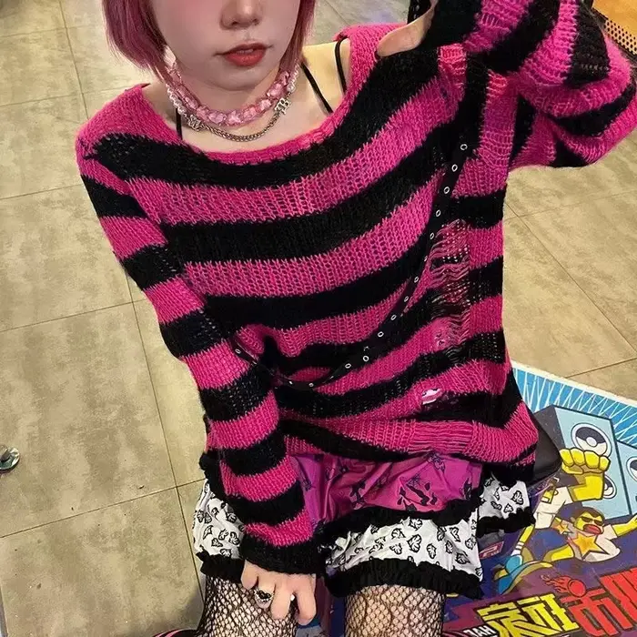 Nouveau Streetwear haut Punk gothique Long unisexe pull été femmes rayé Cool trou creux cassé pull a
