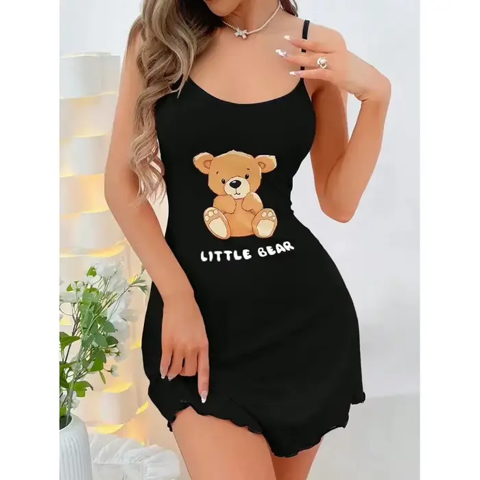 Dámske letné šaty bez ramienok, pohodlné Mini nočná košeľa pre domácnosť, sexy pyžamo vytlačené malý medveď