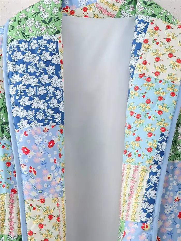 Veste décontractée ample pour femme, imprimé bleu, printemps 2026, style vintage, patchwork, en coto