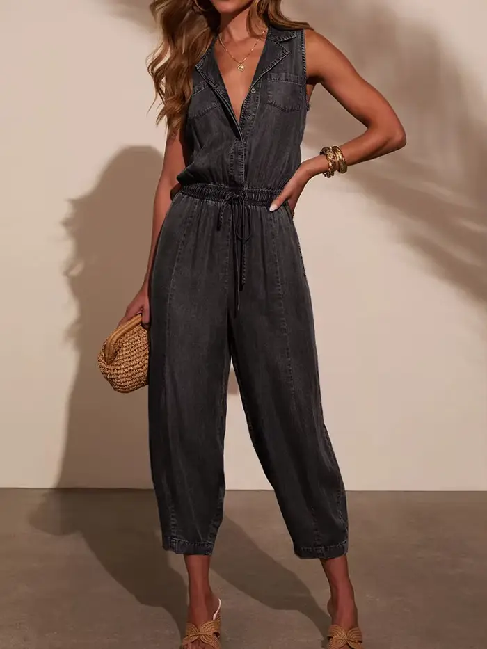 Jumpsutis chics en Patchwork de boutons à col en V, combishorts d'été sans manches pour femmes, nouv