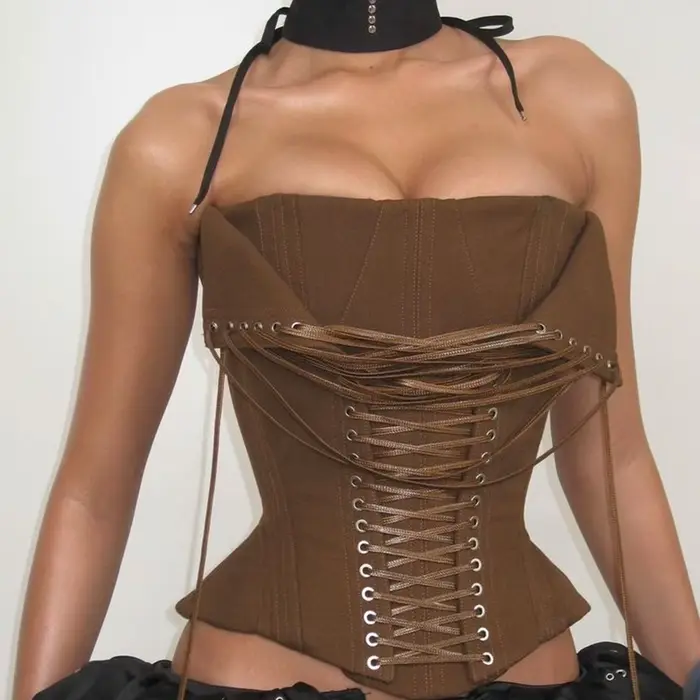 Fishbone korzet s lanovou kravatou, sexy bez ramienok košieľka, letná móda, Y2k namontované Bustier, tielko pre ženy, bez rukávov vesta