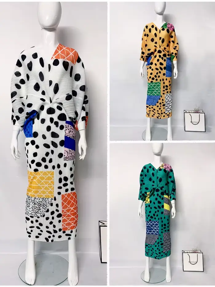 Robe plissée à manches chauve-souris à col en V pour femmes, robes mi-longues à boutonnage simple, v