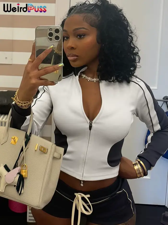Bizarre Puss décontracté sportif 2 pièces ensemble femmes automne tendance Zip Hipster Patchwork ves