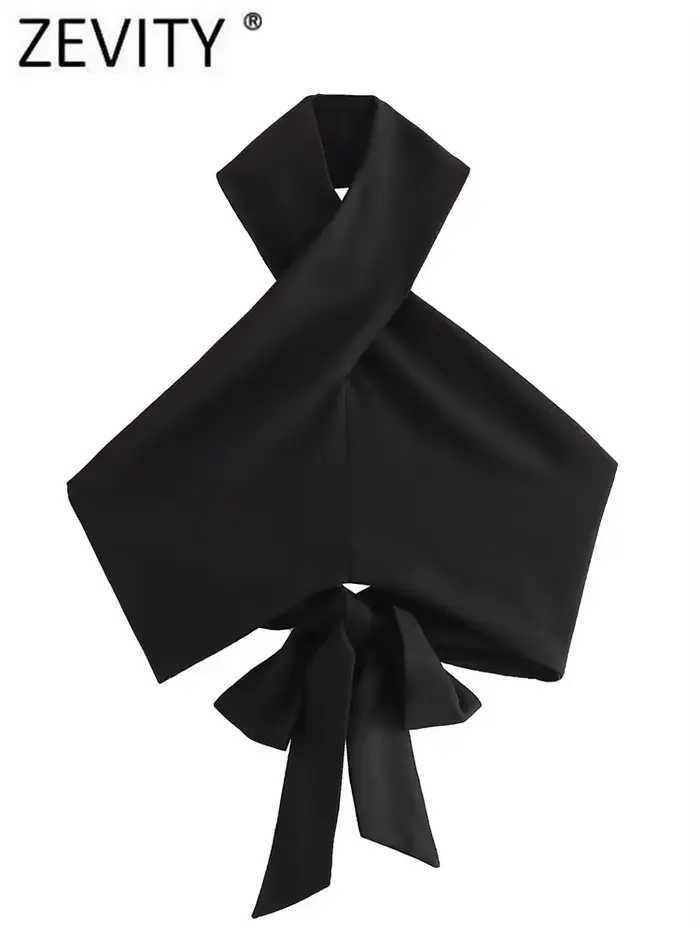 Zevity femmes Sexy sans manches dos nu nœud noué noir licou Blouse Femme sangle croisée chemise cour