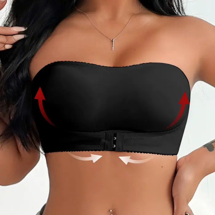 Čierna podprsenka s gombíkmi na prednej strane, bez oceľového krúžku, sexy podprsenka bez ramienok, podprsenka bez ramienok pre ženy, odnímateľný vankúš MR2710