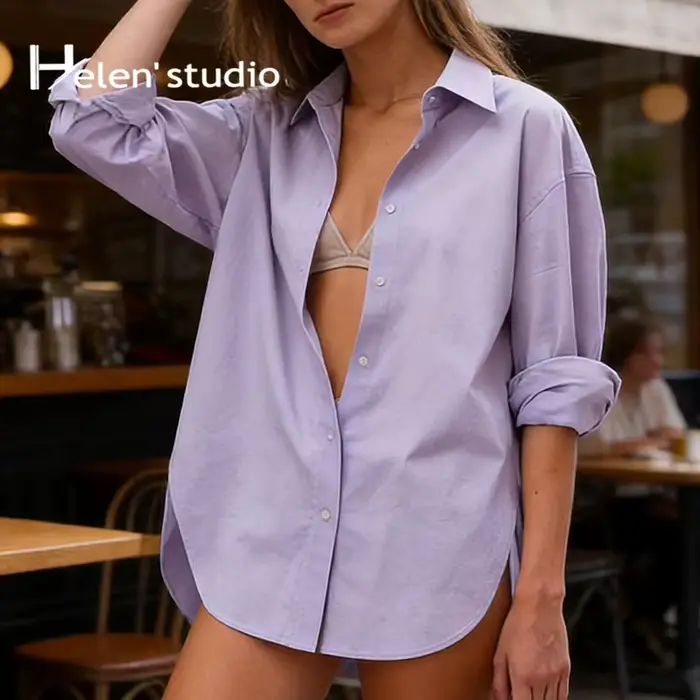 Voľná dámska košeľa 100% bavlna, elegantná a ležérna, s golierom, dlhé rukávy