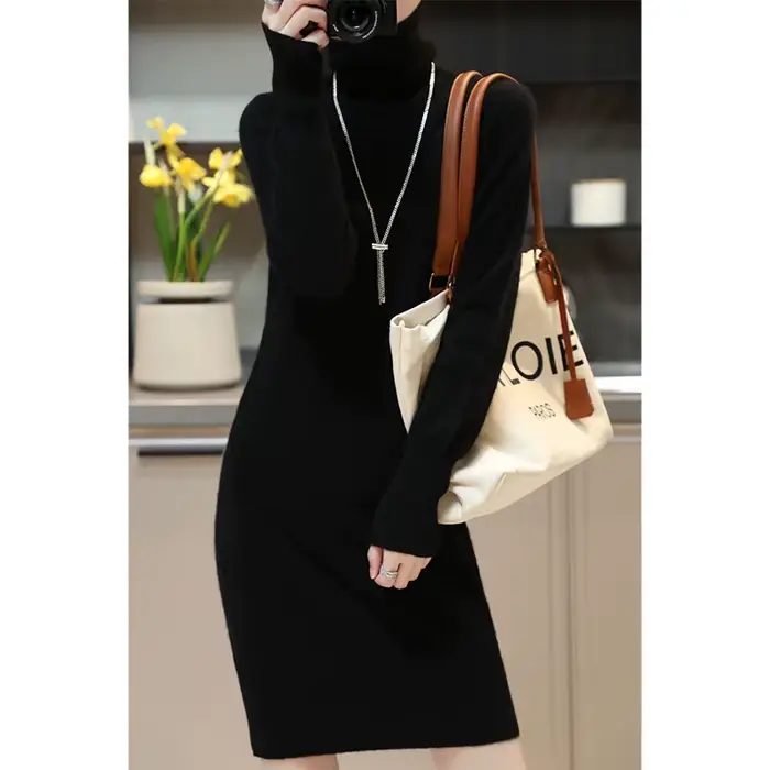 Robe pull en cachemire pour femme, tenue élégante en laine mérinos, col roulé, tricotée, décontracté