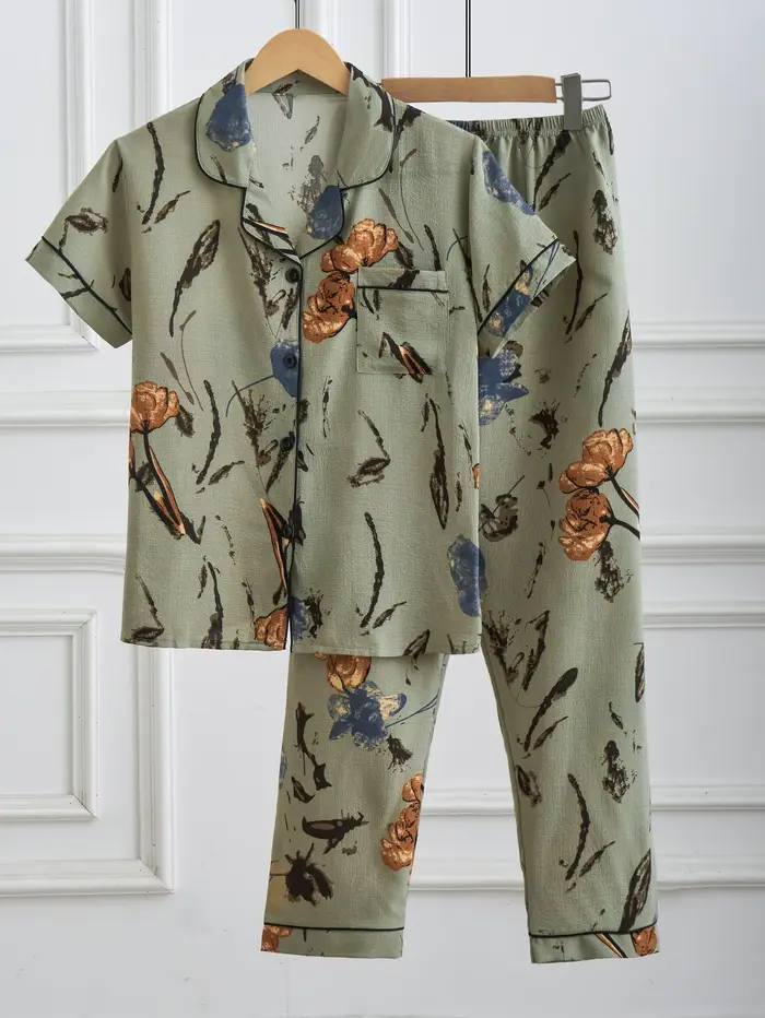 Pyjama rétro vert à fleurs pour femmes, vêtements de nuit décontractés à manches courtes et pantalon