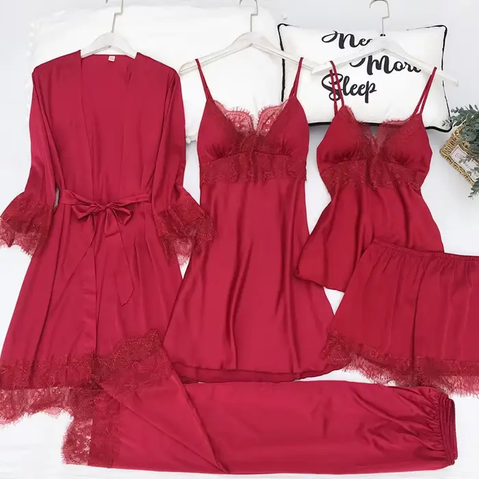 Štýlové a pohodlné dámske pyžamo nastaviť pre domáce a špeciálne príležitosti polyester satén čipka farba shimmering veľkosť M L XL XXL