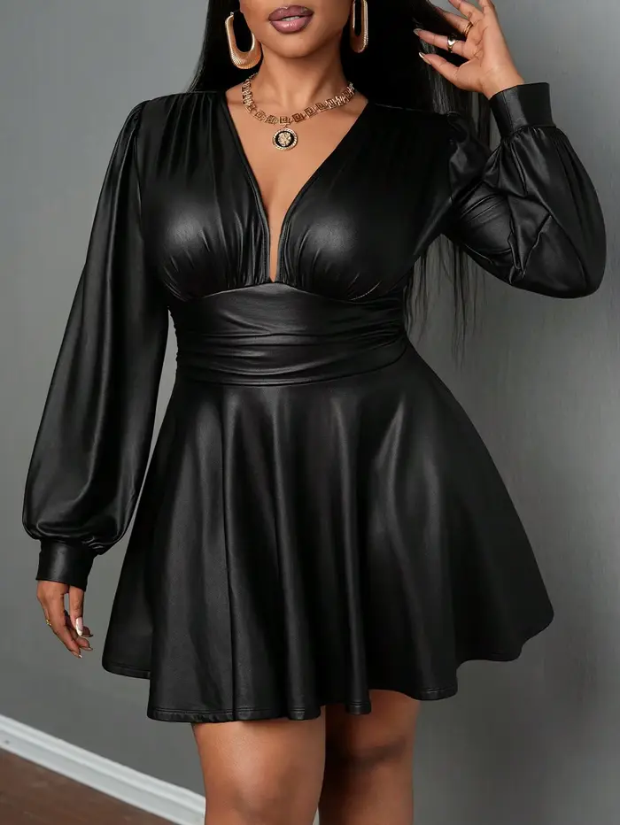 Jupe en cuir grande taille pour femmes, col en V profond, manches lanternes, taille cintrée, ligne a