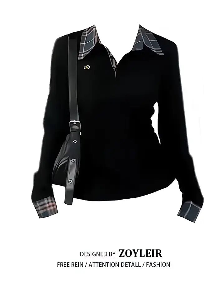 T-shirt à col polo à carreaux pour femme, manches longues, effet deux pièces, haut basique, chemisie