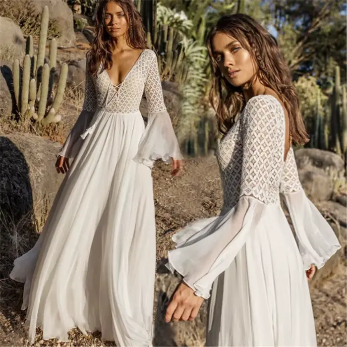 Femmes manches longues évasées col en V blanc creux Boho dentelle Maxi robe femme vacances Chic été