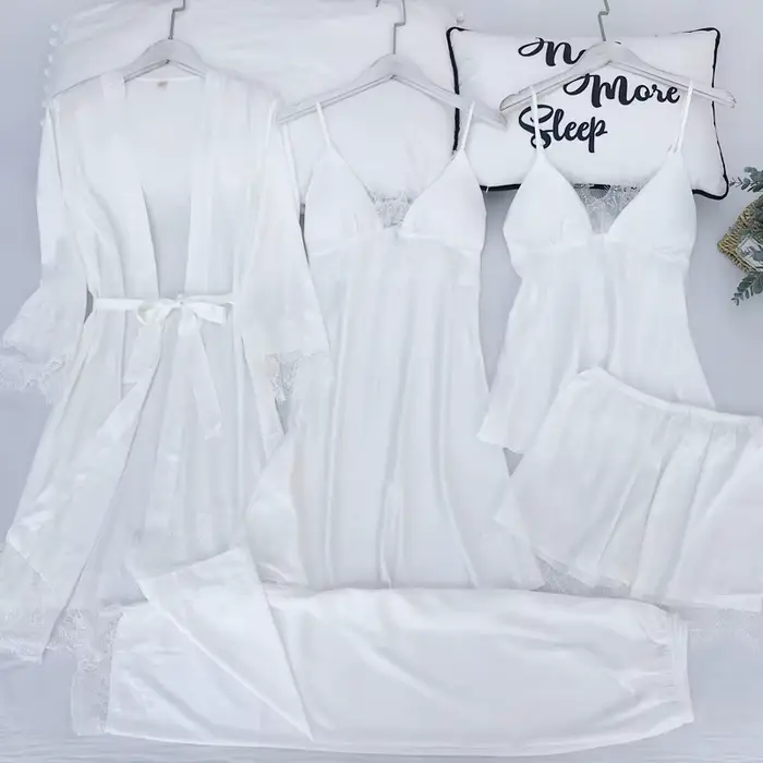 Štýlové a pohodlné dámske pyžamo nastaviť pre domáce a špeciálne príležitosti polyester satén čipka farba shimmering veľkosť M L XL XXL