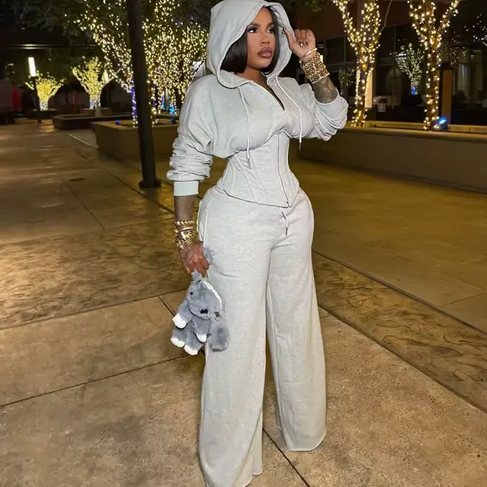 Streetwear décontracté survêtement femme deux pièces ensemble sport fermeture éclair à capuche à lac