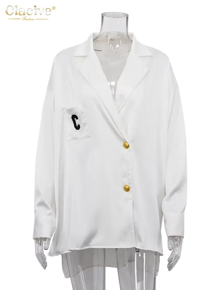 ClacMarkets-Chemisier Élégant à Manches sulfpour Femme, Vêtement de Bureau Blanc, Décontracté, à Rev