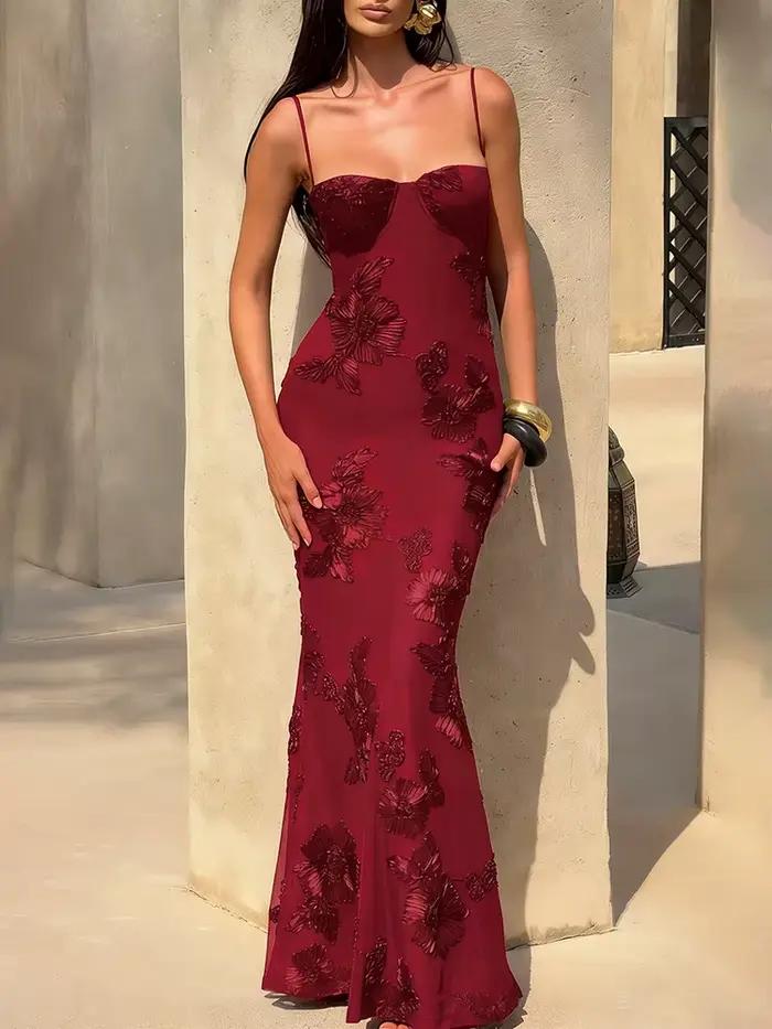 Nibber Elegantná Kvetinová Výšivka Maxi Šaty Ženy Nízky Golier Krížový Obväz Holý Chrbát Letné Uličný Trend Skinny