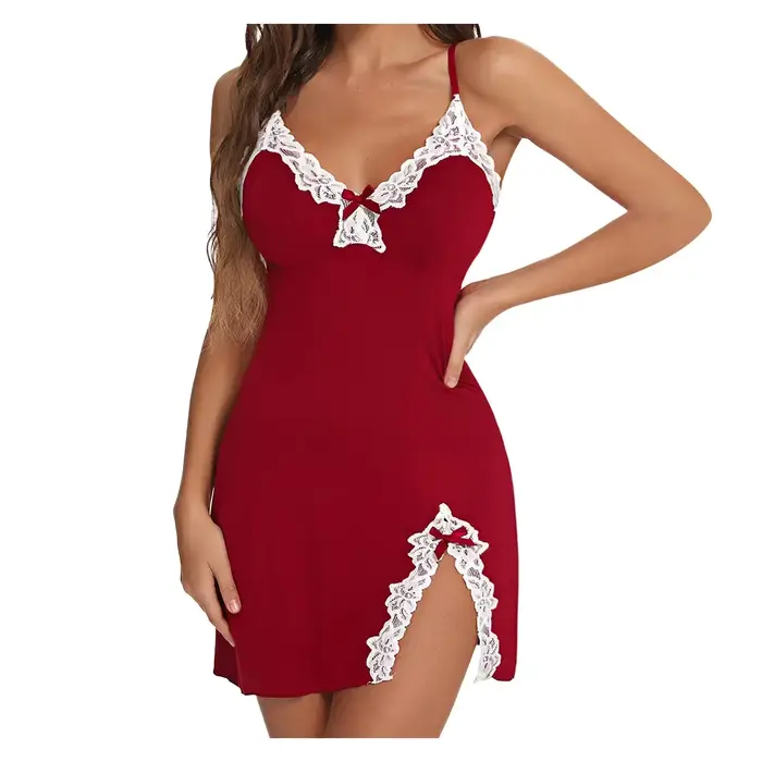 Chemise de nuit Sexy en dentelle pour femmes, avec nœud, vêtements de nuit sans couture, col en V, L