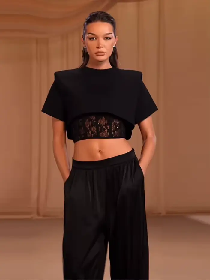 Sexy krátky polyesterový a ľanový top s tučnými detailmi pre špeciálne príležitosti a večierky pre ženy