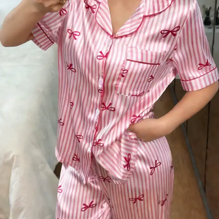 Ensemble de pyjama pour femmes en faux satin, hauts et pantalons boutonnés, pyjama en soie, ensemble