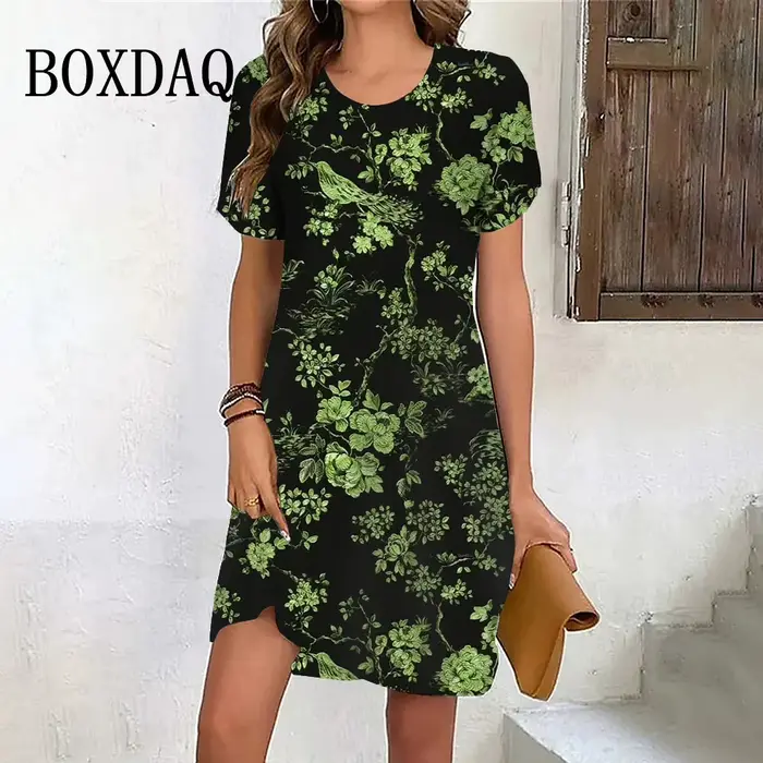 Robe d'été rétro à manches courtes pour femmes, vêtements décontractés, mini robe d'été, peinture d'