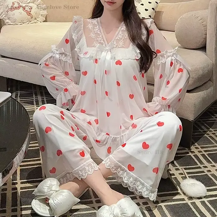 Nový jemný sieťovaný pyžamový set Sexy čipka princeznovský štýl ležérne nočné oblečenie s potlačou exkluzívne elegantné