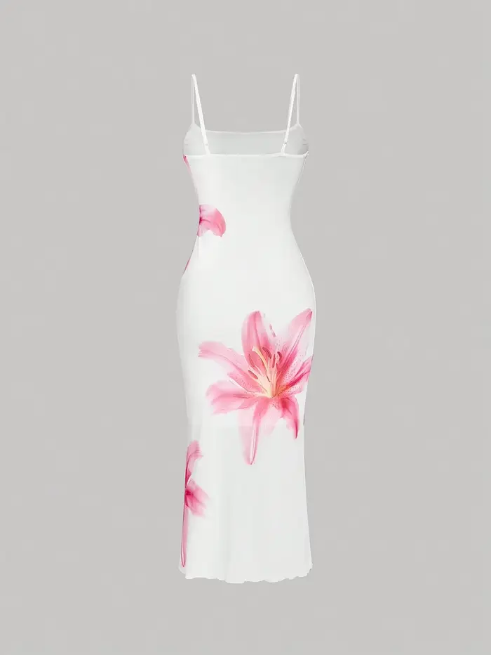 Elegantné kvetinové šaty pre juniorky, silueta plášťa, štvorcový výstrih, kvetinové vzory, pletený polyester, bez rukávov, slim fit, stredná dĺžka teľa, letné a špeciálne príležitosti