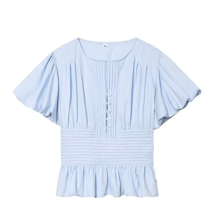 Chemisier bleu à volants pour femme, manches bouffantes, haut court décontracté d'été, tendance femm