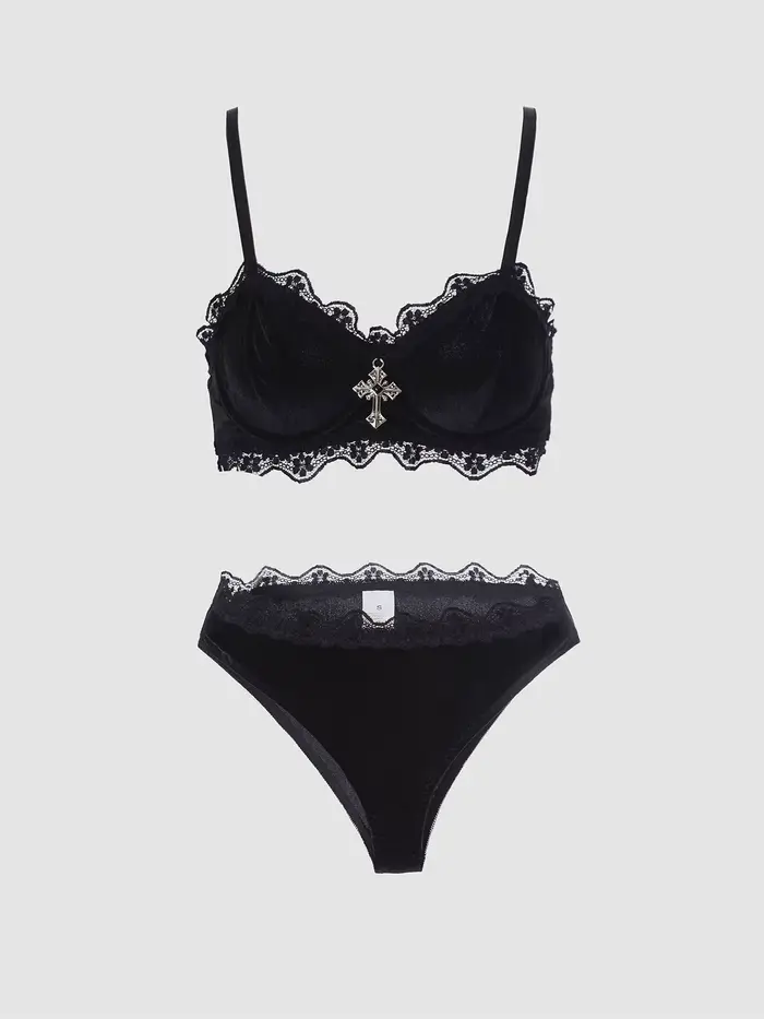 Ensemble de Lingerie en dentelle noire, bretelles réglables d'inspiration Vintage, vêtements intimes