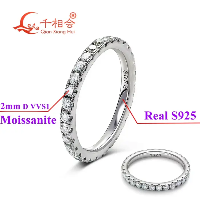 Strieborný snubný prsteň 925 s bielymi Moissanitovými diamantmi 2 mm a 3 mm