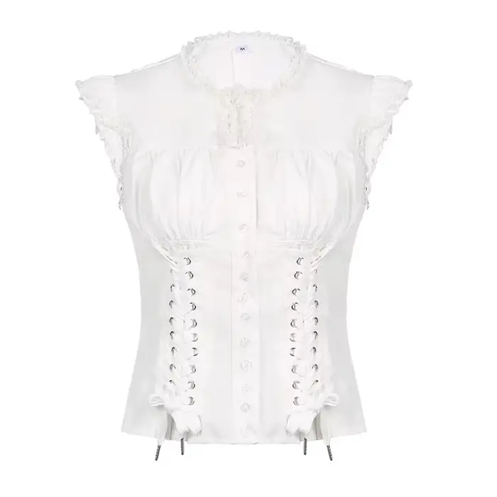 Haut court blanc à volants boutonnés pour femmes, t-shirt à manches courtes, Fairycore, t-shirt chic