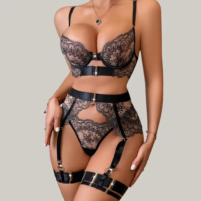 Nový erotický priehľadný vyšívaný set pre ženy Sexy riasová čipka tvarovacie telo Lingerie štvordielny set
