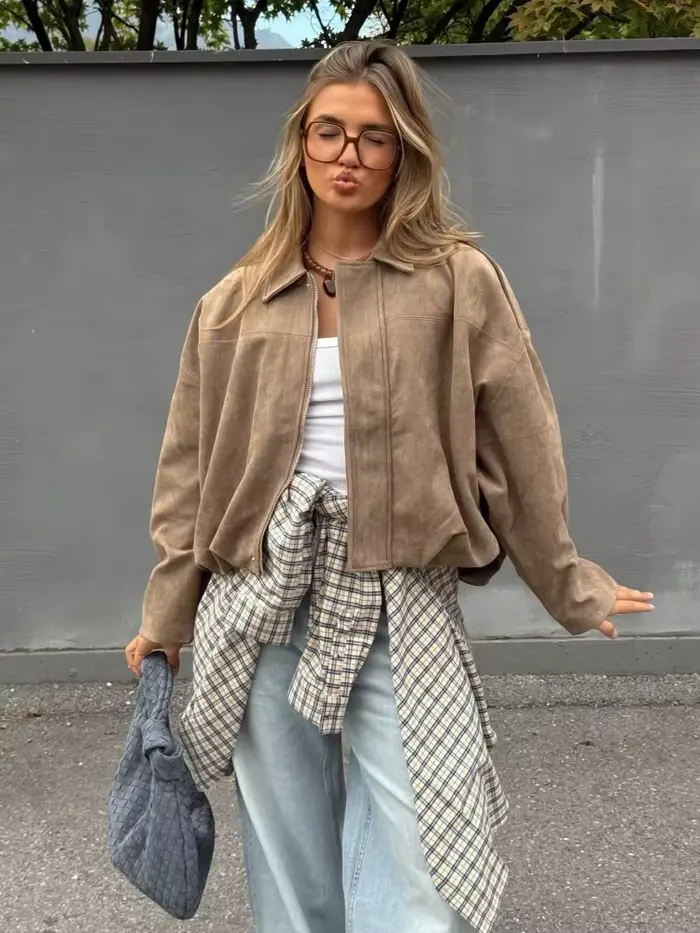 Veste en daim kaki pour femme, ample, décontractée, col rabattu, fermeture éclair, manteau épais, vê
