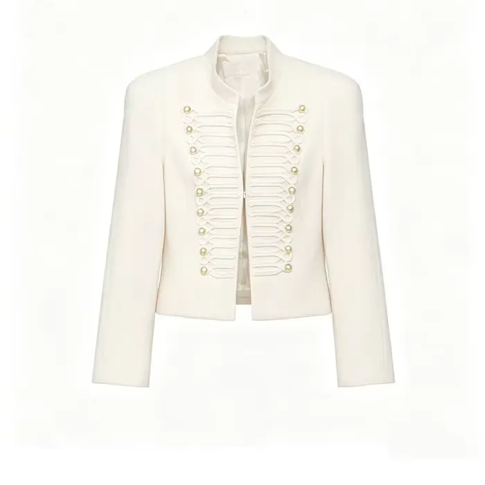 Veste courte en polyester avec détails dorés pour femmes, style décontracté et élégant pour les saisons printemps et automne, idéale pour sorties et occasions spéciales