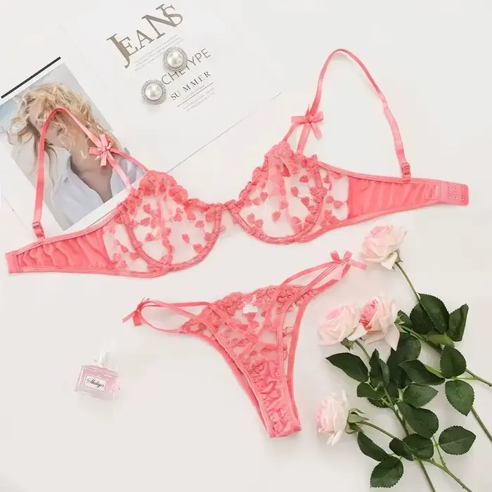 Dámske srdce vyšívané čipky Bra Set, 2 kusy, priehľadná podprsenka, nohavičky, spodná bielizeň, sexy dámske spodné prádlo, 2023