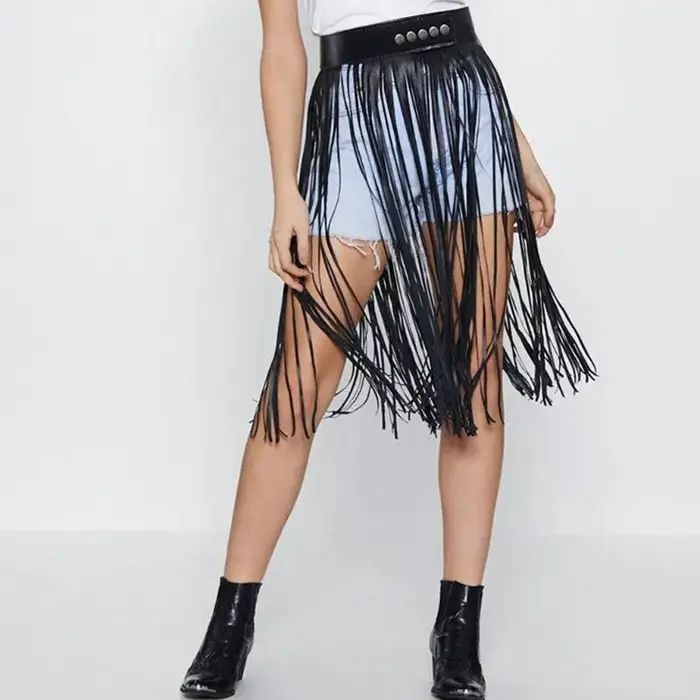 Jupe à franges en Faux pour femmes, taille haute, harnais avec boutons à pression, fête d'halloween,