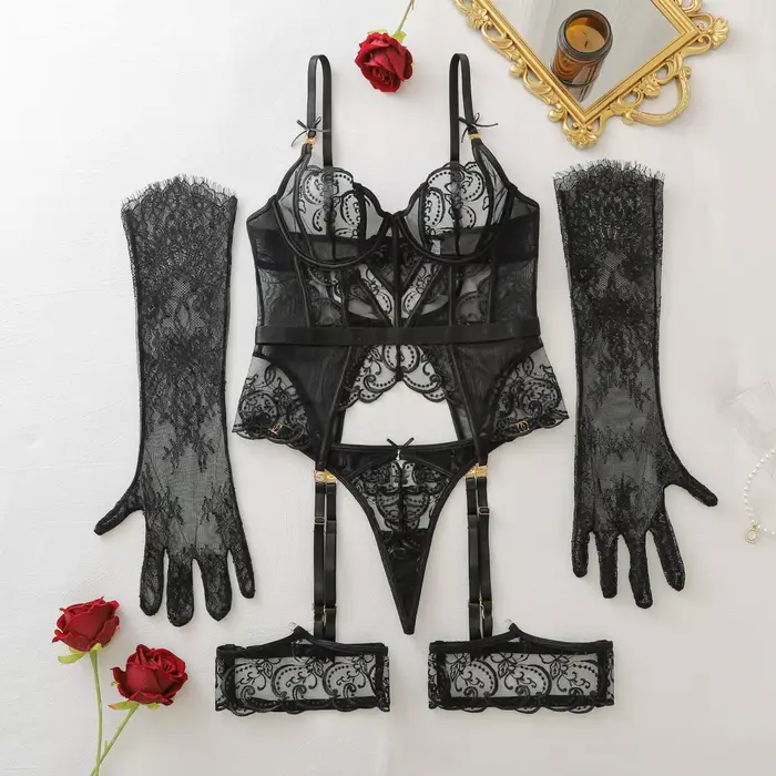 Ensemble de lingerie de luxe transparente 4 pièces avec corset long en maille brodée, porte-jarretel