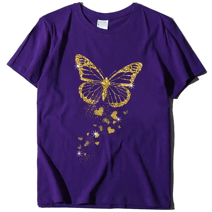 Papillon doré imprimé femmes t-shirt à manches courtes col rond femmes t-shirt dames t-shirt hauts v