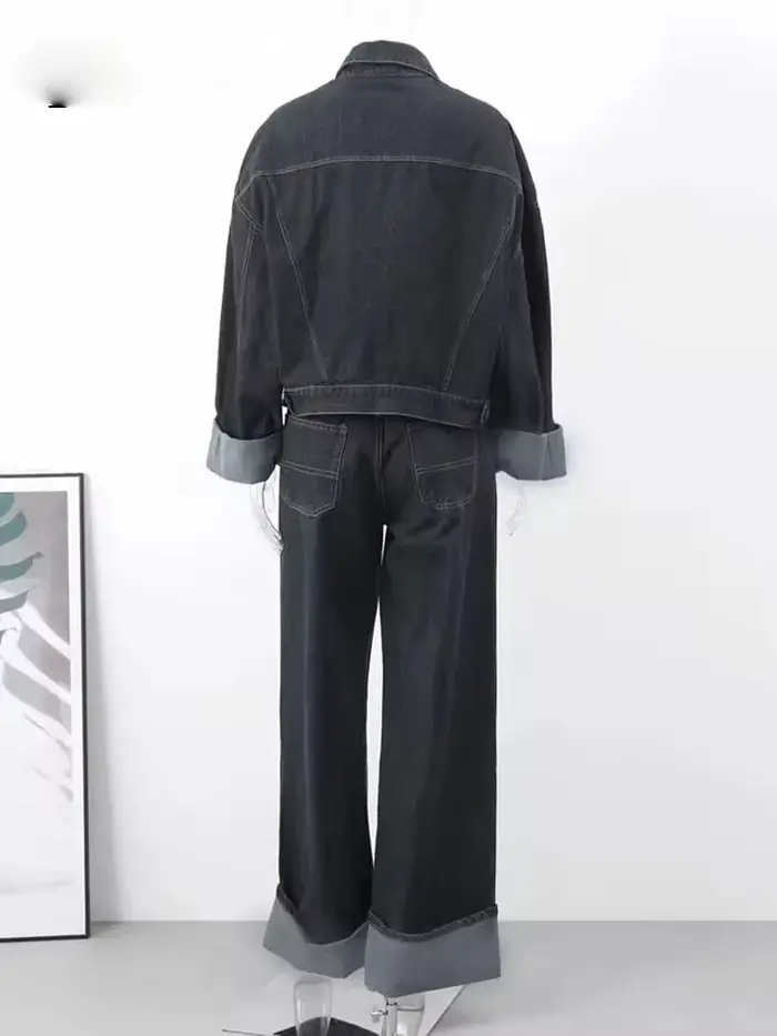 Pantalon en Denim taille haute pour femme, jambes larges + manches longues avec poches à rabat, mant