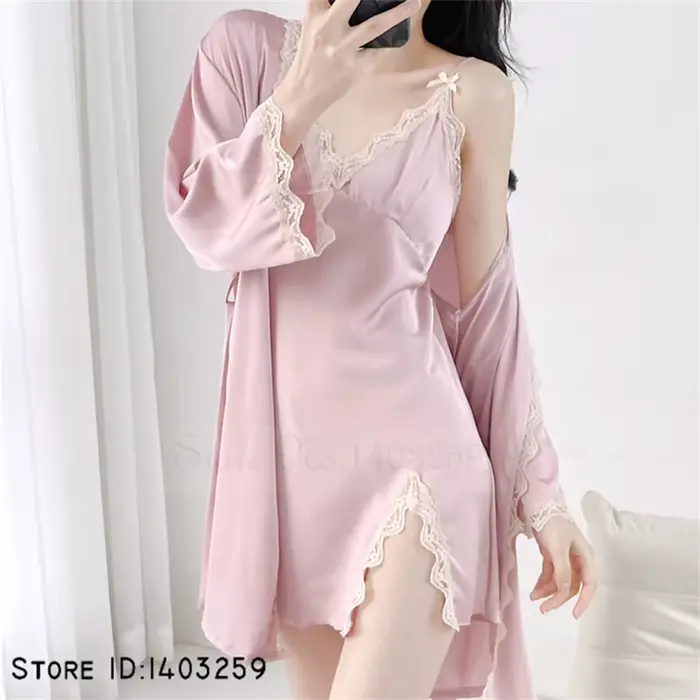 Biele svadobné šaty Set, Sexy Rayon Kimono, nočná košeľa, Čipka Trim, Príležitostné domáce oblečenie, spodná bielizeň, 2 kusy
