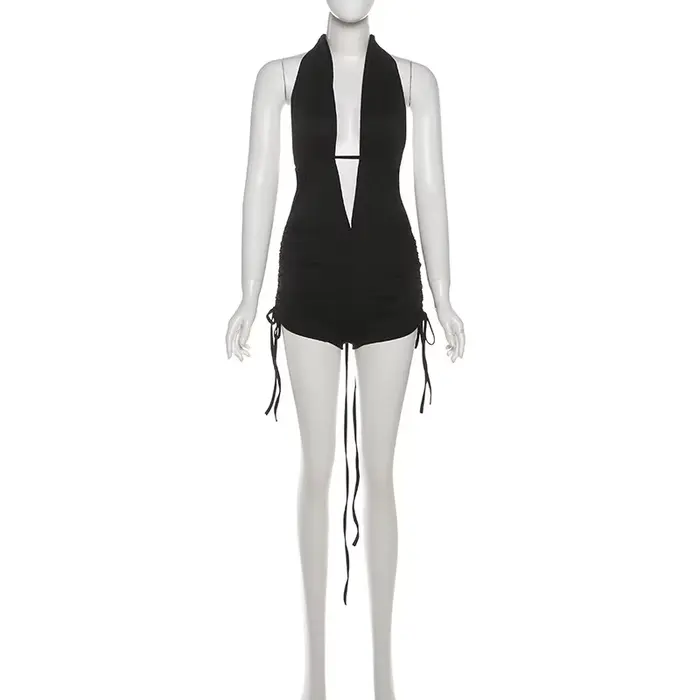 SylCue Sexy mode body femme licou col ouvert décolleté sans manches froncé maigre Stretch haute rue 