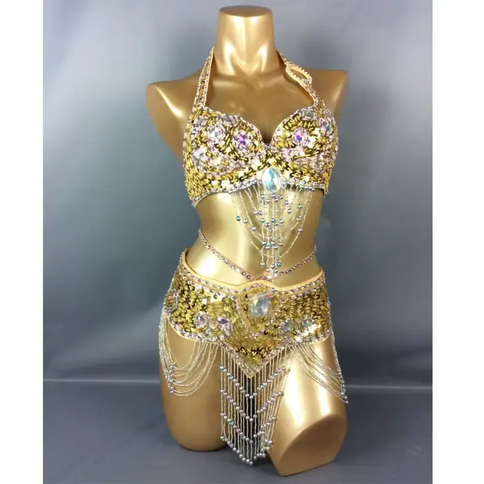 Vente chaude femmes perles paillettes danse du ventre Suite ceinture + soutien-gorge Samba Costumes Club USA soutien-gorge taille 34B,36B,38B,40B,34D,36D,38D,40D