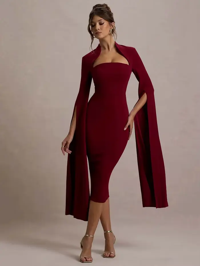 Mozision Cape à manches longues Sexy robe mi-longue pour les femmes automne hiver nouveau col carré 
