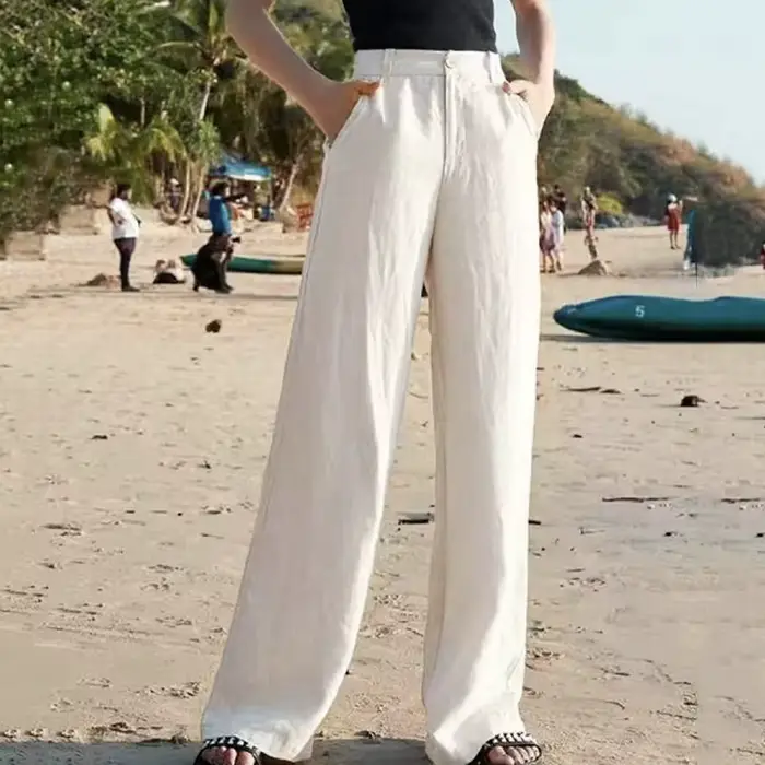 Lucyever-Pantalon en coton et lin pour femme, taille haute, fermeture éclair, blanc, jambes larges,